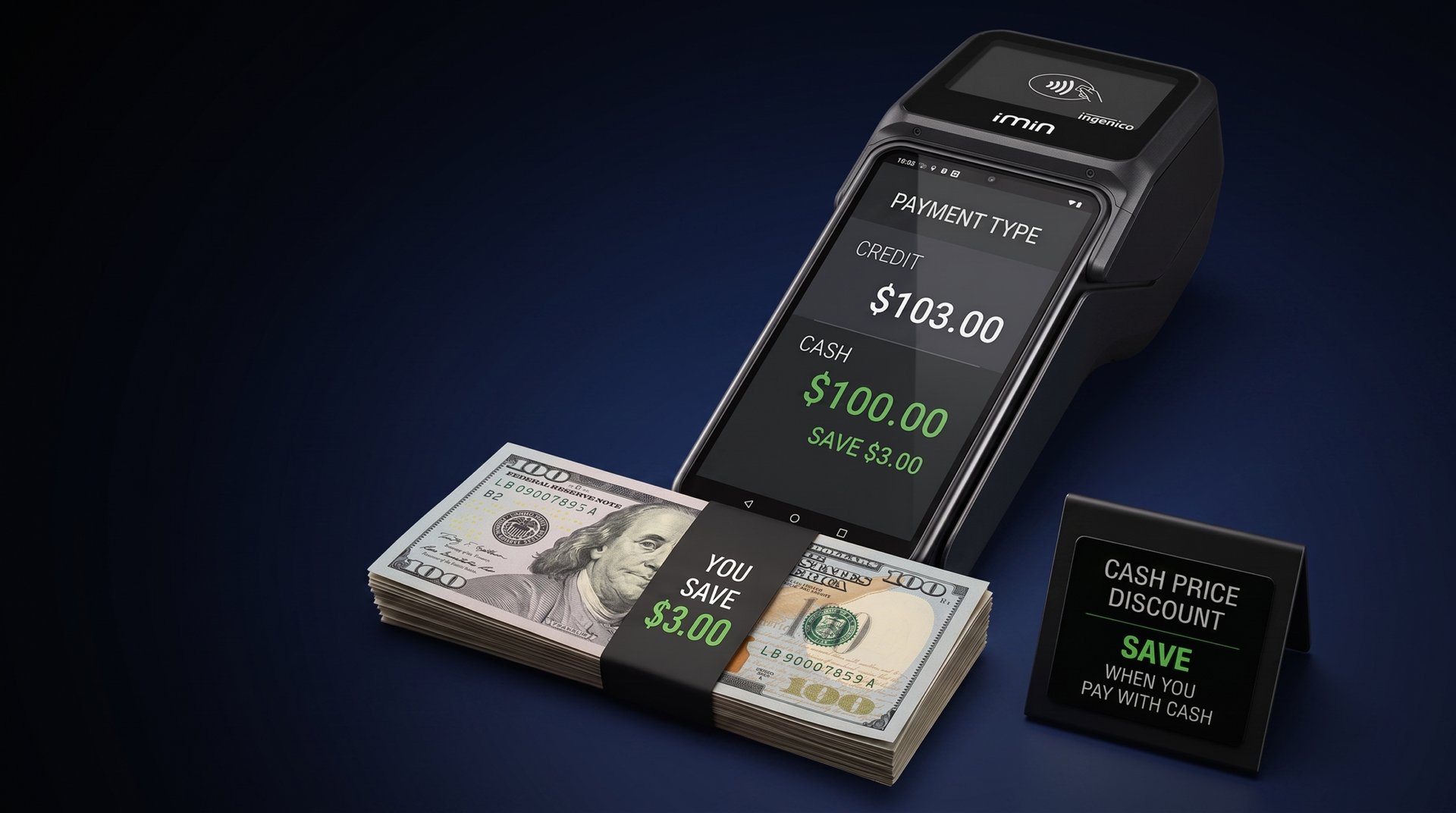Payment terminal showing credit price $103.00 vs cash price $100.00 — save $3.00 with cash discount